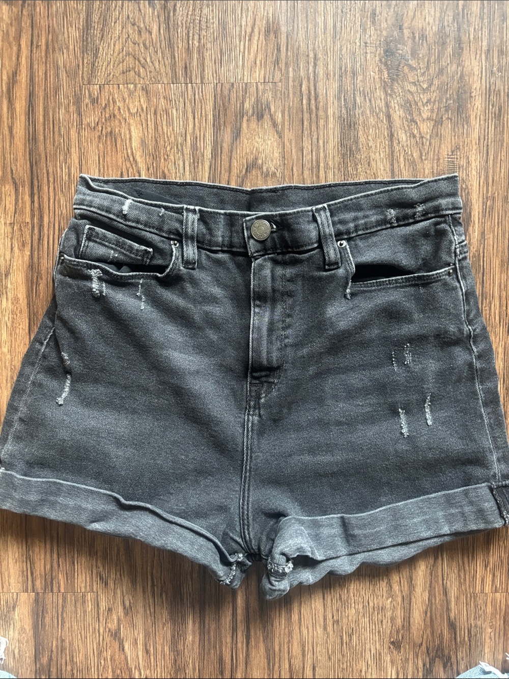 BDG Urban Outfitters Washed Black High Waisted Cuffed Denim Shorts Distressed Y2